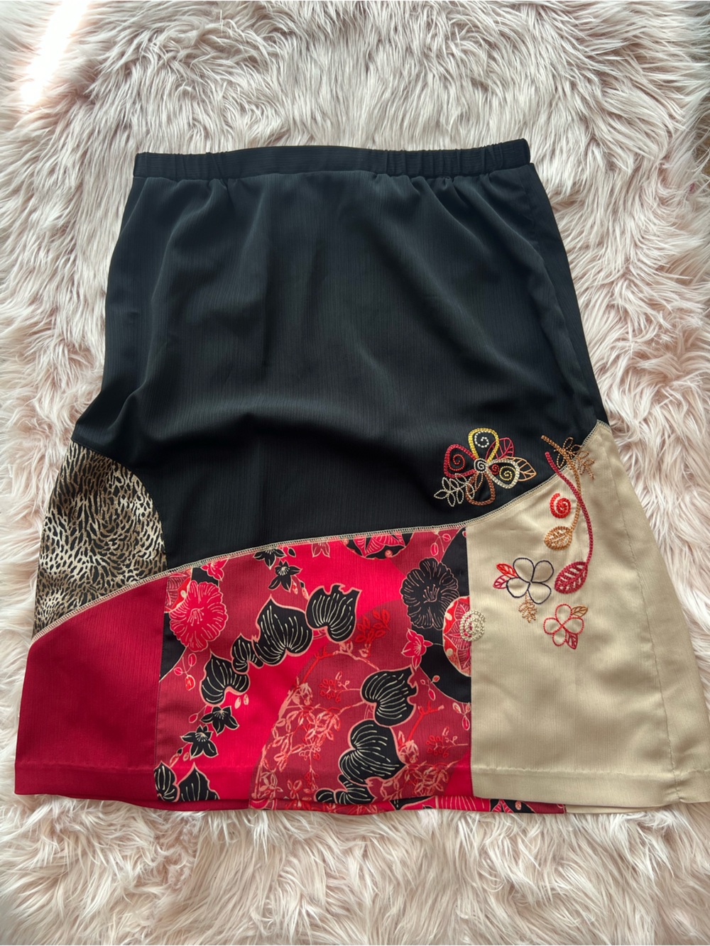 Vintage Black Midi Skirt with Red Floral Panels